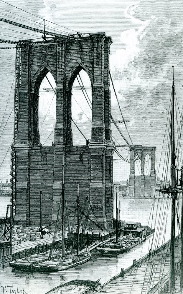 絵画 ブルックリン橋 1878年に写真に描かれた建設中のブルックリン橋